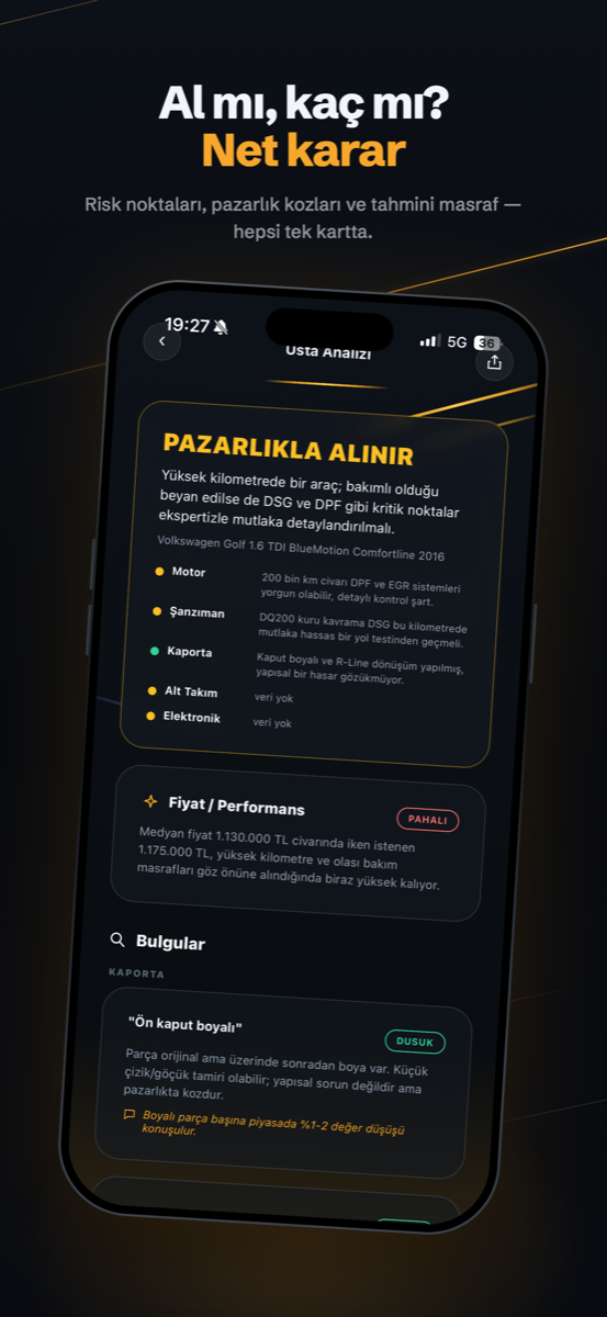 Usta analizi sonucu — pazarlıkla alınır kartı ve bulgular